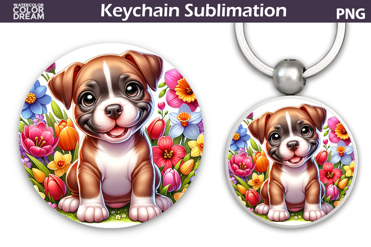 Pit Bull Round Keychain | Dog Floral Key Keychain
