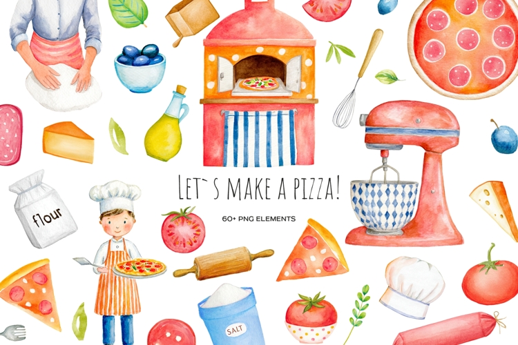 Watercolor pizza clipart. Lets make a pizza. Pizza margarita