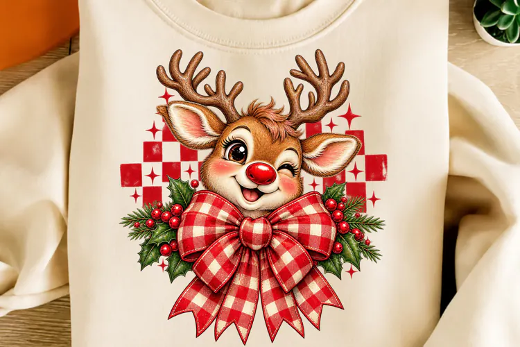 Cute Christmas Reindeer PNG | Buffalo Plaid Bow & Holly Png