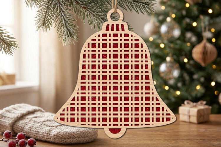 Plaid Christmas Bell Ornament SVG Laser Cut File example image 1