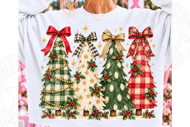 Plaid Christmas Tree PNG, Rustic Bow Chr