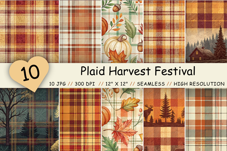 Plaid Harvest Festival Digital Paper, Seamless Fall Pattern