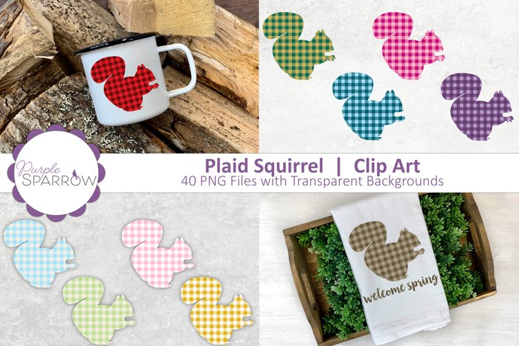 Plaid Squirrel Clip Art featuring a squirrel silhouette and a plaid pattern in a wide variety of colors