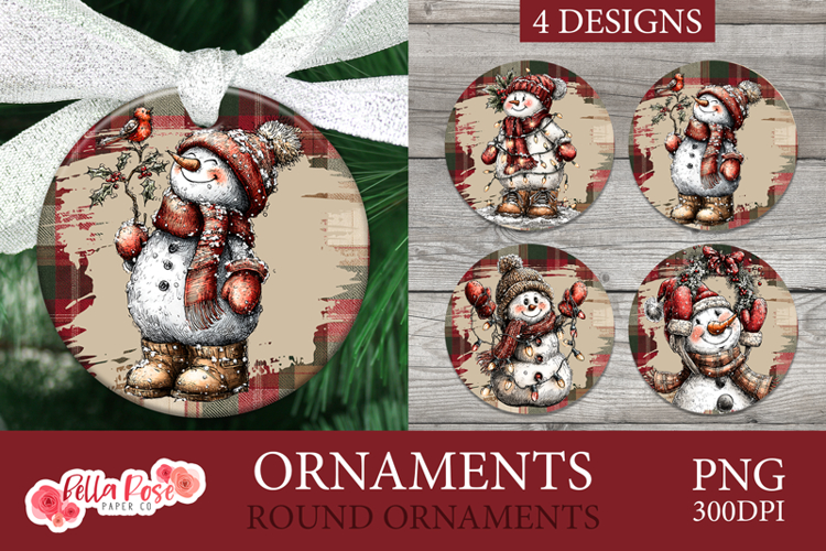 Plaid Snowmen | Christmas | Round Christmas Ornaments