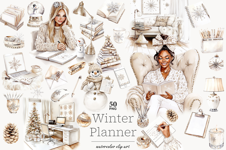 Planner Girl Clip Art | Winter Christmas PNG Cozy Book Lover