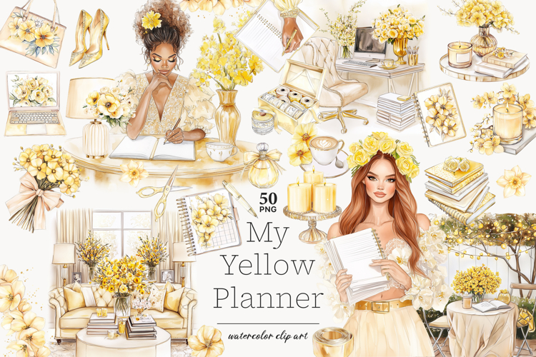 Planner Girl Clipart | Yellow Glam Planner | Spring Clip Art