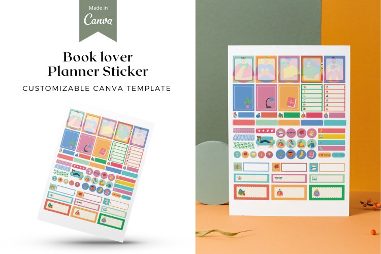 Bright Colored Book lover Planner Sticker Canva Template example image 1