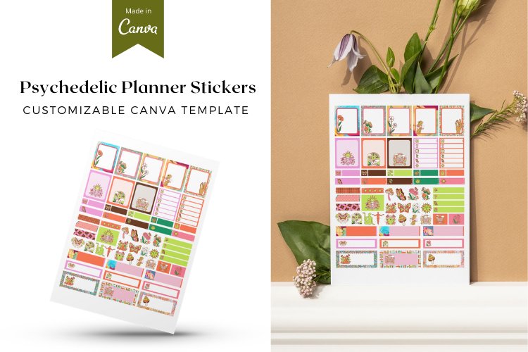 Psychedelic and Butterfly Planner Stickers Canva Template example image 1