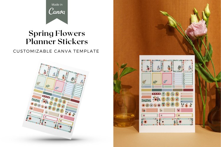 Spring Flowers Planner Stickers Canva Template example image 1