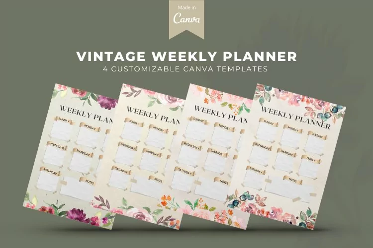 Vintage Weekly Planner with Watercolor Floral Canva Template