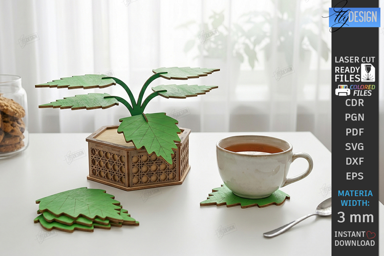 Wooden Plant Coaster Laser Cut | Leaf Cup Mat | 3D Layered