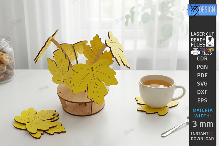 Wooden Plant Coaster Laser Cut | Leaf Cup Mat | 3D Layered