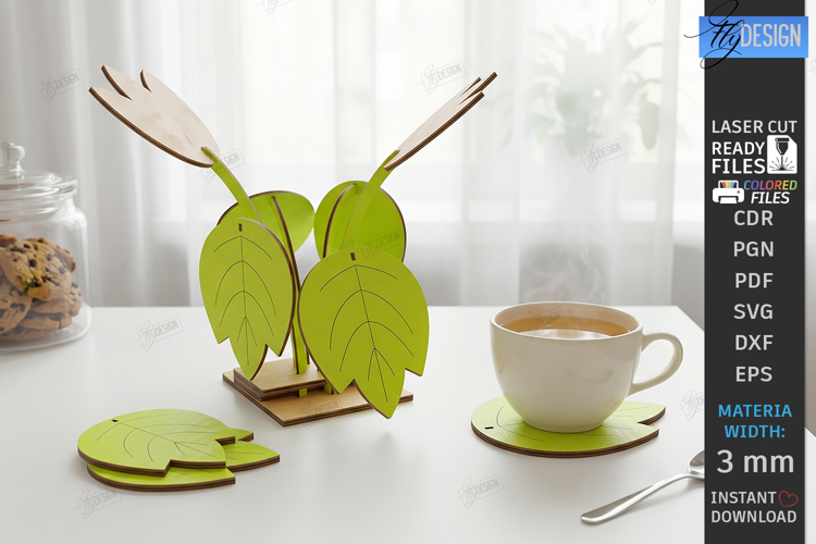Wooden Plant Coaster Laser Cut | Leaf Cup Mat | 3D Layered