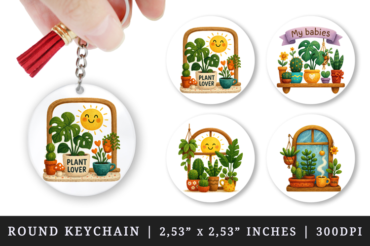 Plant Lover round keychain pintable sublimation design png