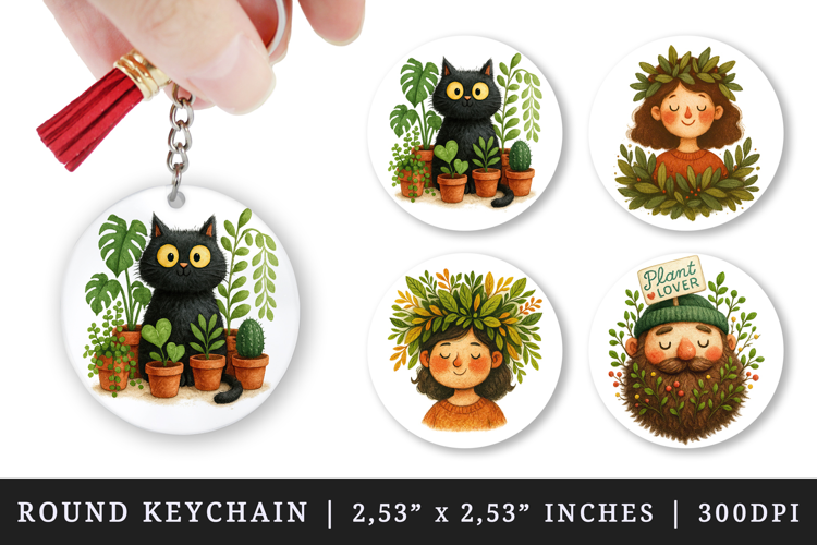Plant Lover round keychain pintable sublimation design png