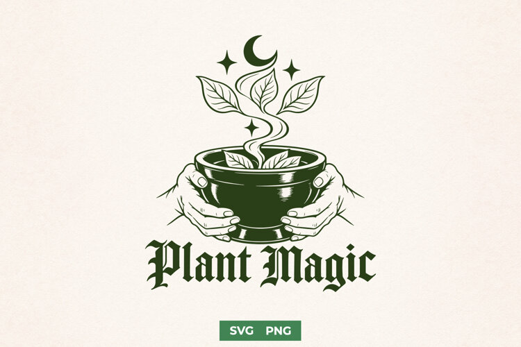 Plant Magic SVG, Botanical Mortar PNG, Green Witch Herbalist example image 1