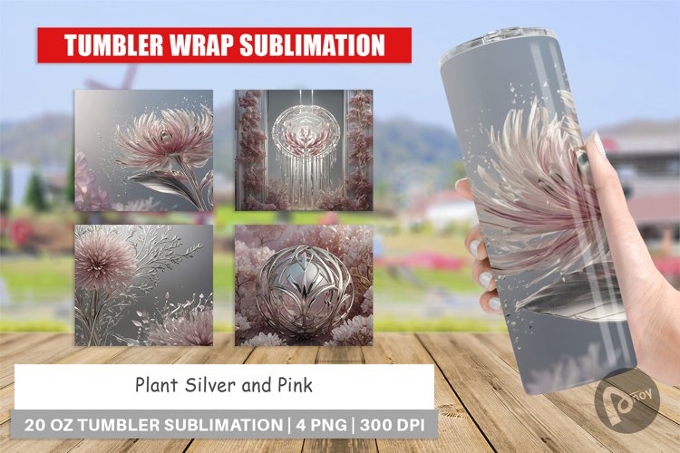 Tumbler Wrap Silver and Pink Plants