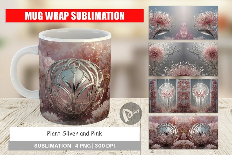 Mug Wrap Design Silver and Pink Plants