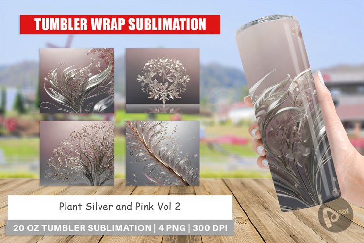 Tumbler Wrap Silver and Pink Plants