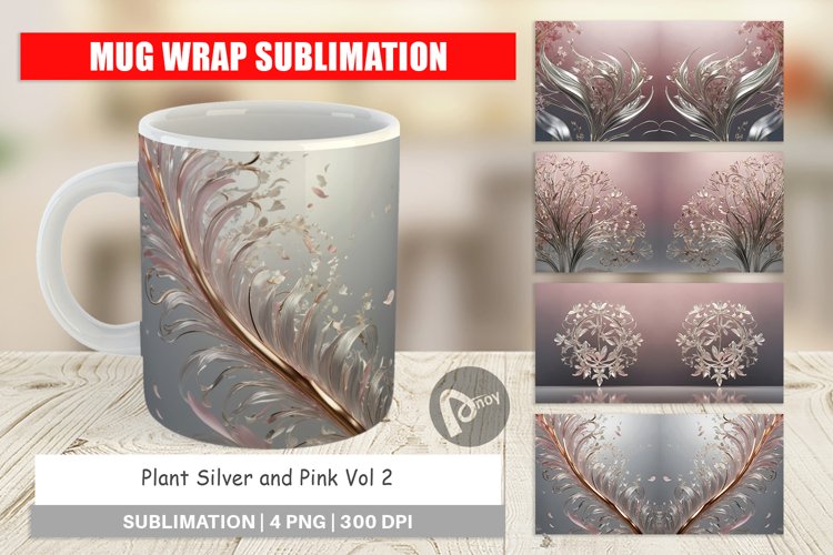 Mug Wrap Design Silver and Pink Plants