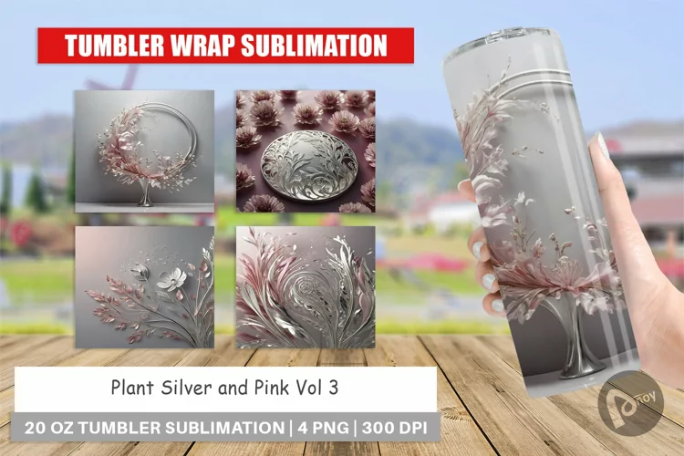 Tumbler Wrap Silver and Pink Plants