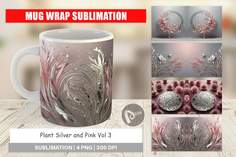 Mug Wrap Design Silver and Pink Plants example image 1