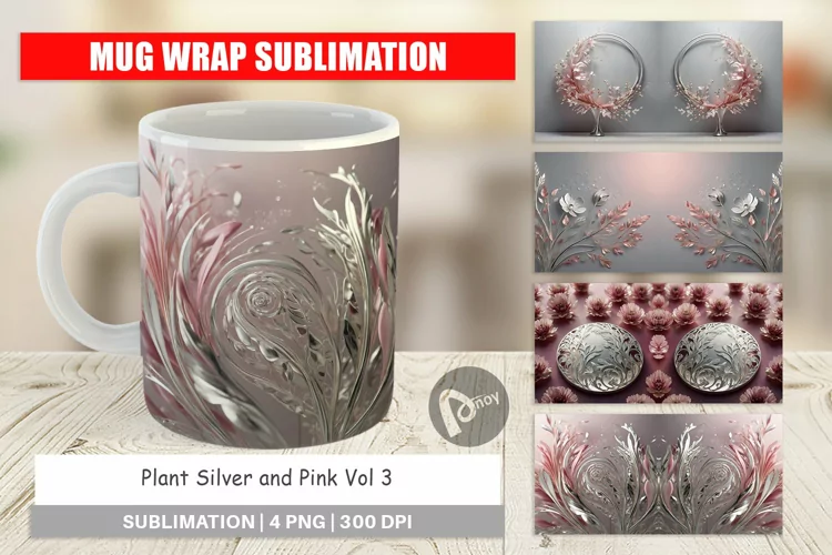 Mug Wrap Design Silver and Pink Plants