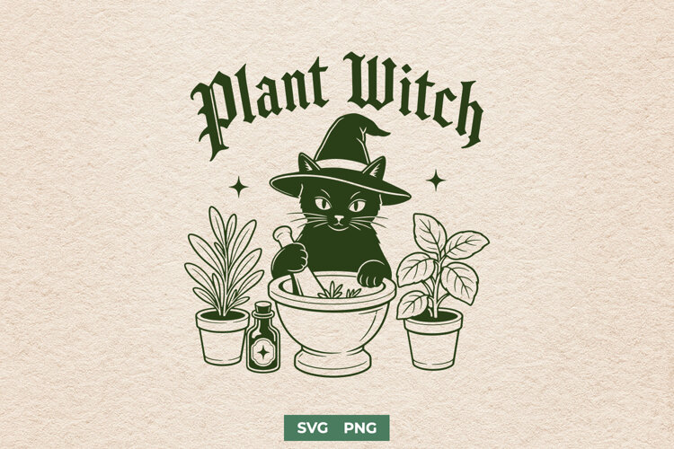 Plant Witch SVG, Black Cat PNG, Witchy Plant Lady Cut File example image 1