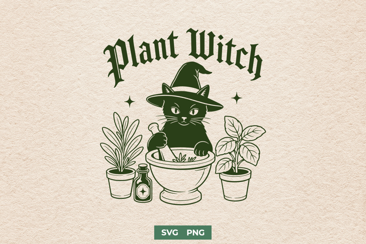 Plant Witch SVG, Black Cat PNG, Witchy Plant Lady Cut File