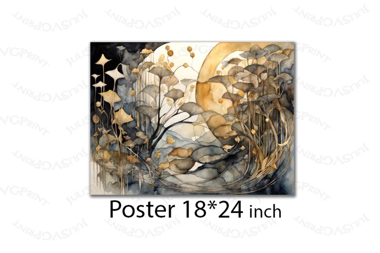 Watercolor plants and moon poster Grey and gold 18 / 24 inch example image 1