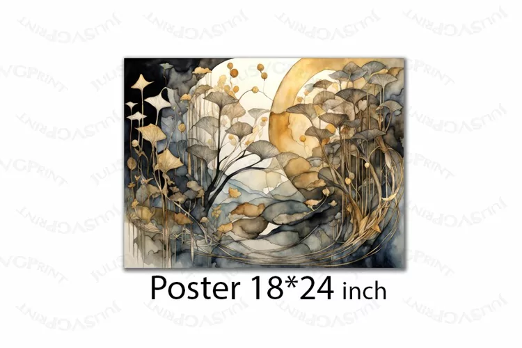 Watercolor plants and moon poster Grey and gold 18 / 24 inch
