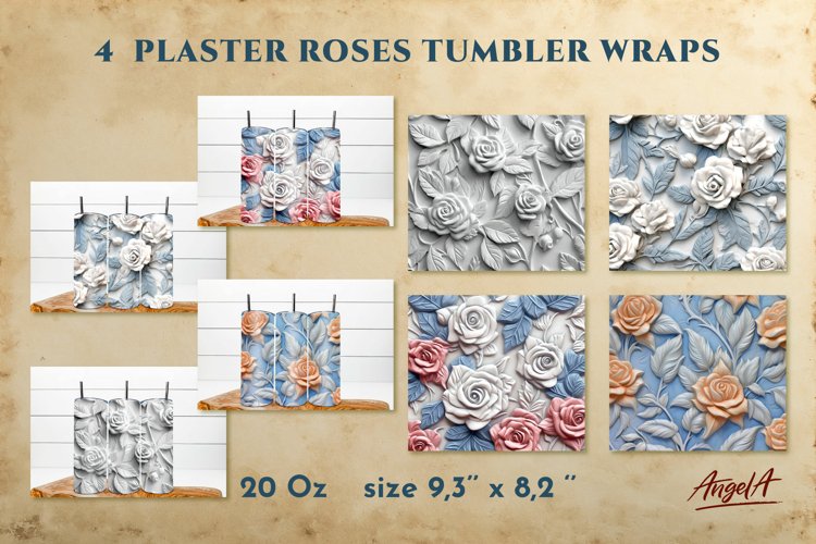 4 Plaster roses tumbler wrap, sublimation tumbler designs will help you spice up your tumbler! It's perfect as a part of the decor of your party! In this tumbler bundle there are 4 20 oz roses sublimation designs