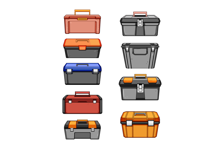 Collection of plastic tool boxes for household and professio