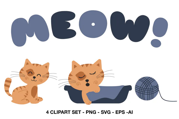 Cute Cat Clipart with Meow and Yarn Ball