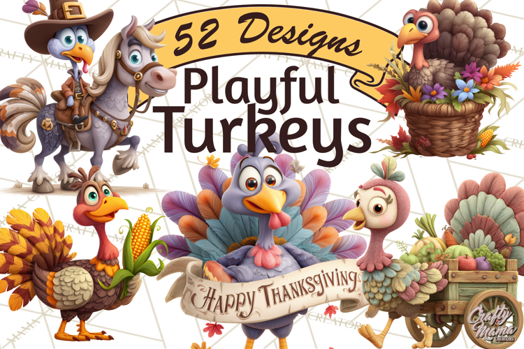 Whimsical Thanksgiving Turkey Clipart PNG, Holiday Turkeys