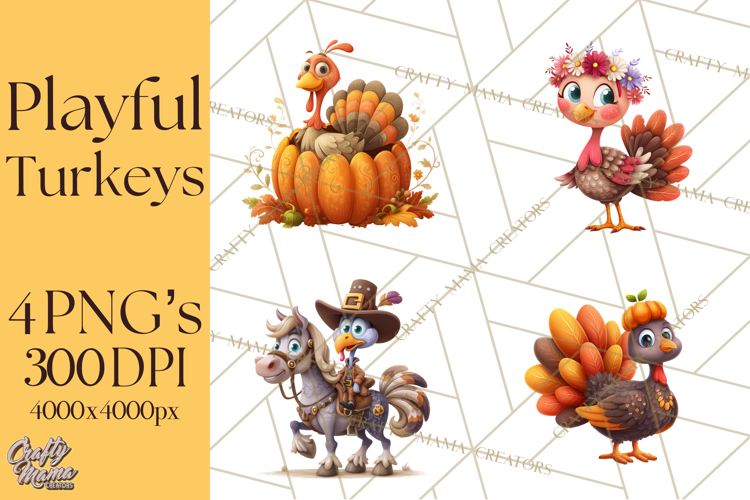 Whimsical Thanksgiving Turkey Clipart PNG, Holiday Turkeys