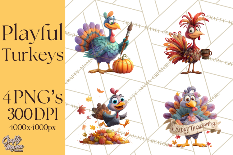 Whimsical Thanksgiving Turkey Clipart PNG, Holiday Turkeys