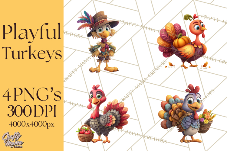 Whimsical Thanksgiving Turkey Clipart PNG, Holiday Turkeys