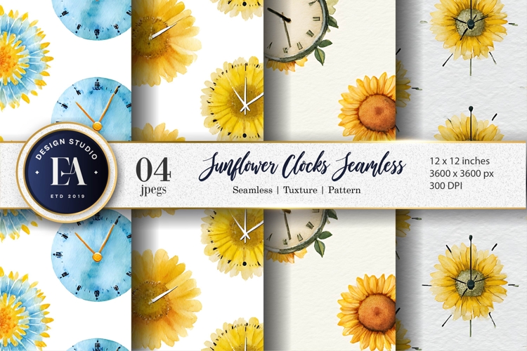 Unique Watercolor Clocks Sunflowers Creative Digital Paper