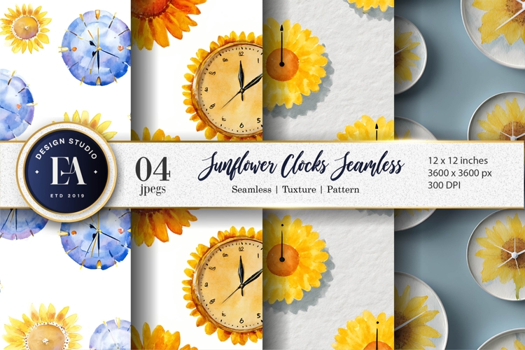 Sunflower Clock Pattern in Watercolor Digital Paper