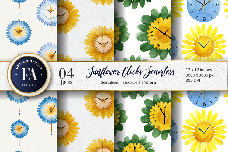 Playful Watercolor Sunflower Clocks Seamless Digital Paper