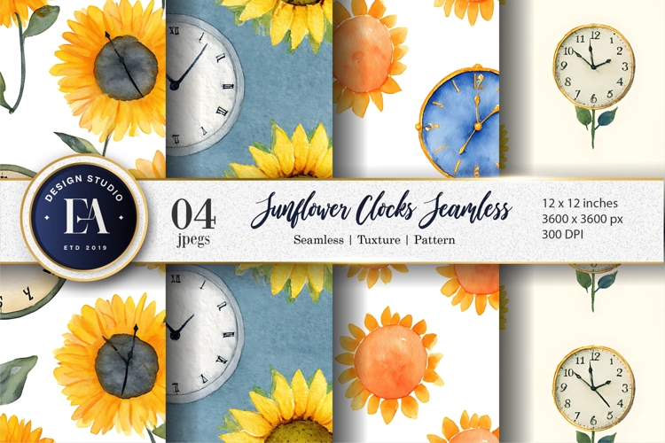 Unique Watercolor Clocks Sunflowers Creative Digital Paper
