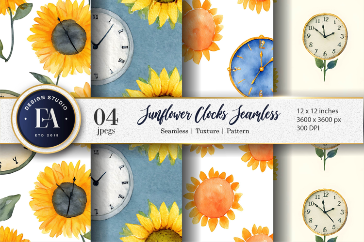 Unique Watercolor Clocks Sunflowers Creative Digital Paper