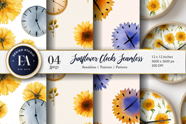Watercolor Clocks Shaped as Sunflowers Digital Paper