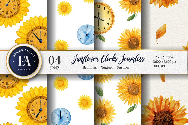Playful Watercolor Sunflower Clocks Seamless Digital Paper