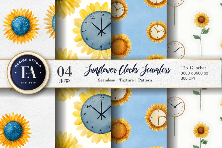 Unique Watercolor Clocks Sunflowers Creative Digital Paper