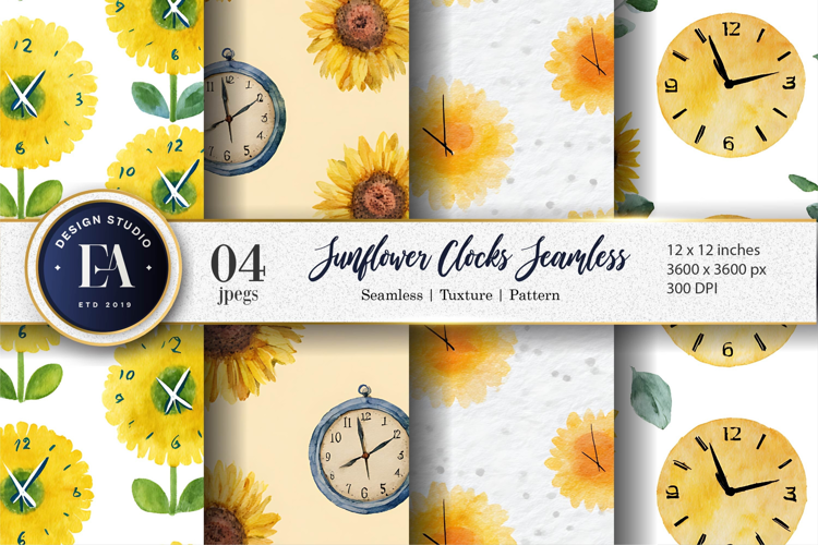 Playful Watercolor Sunflower Clocks Seamless Digital Paper