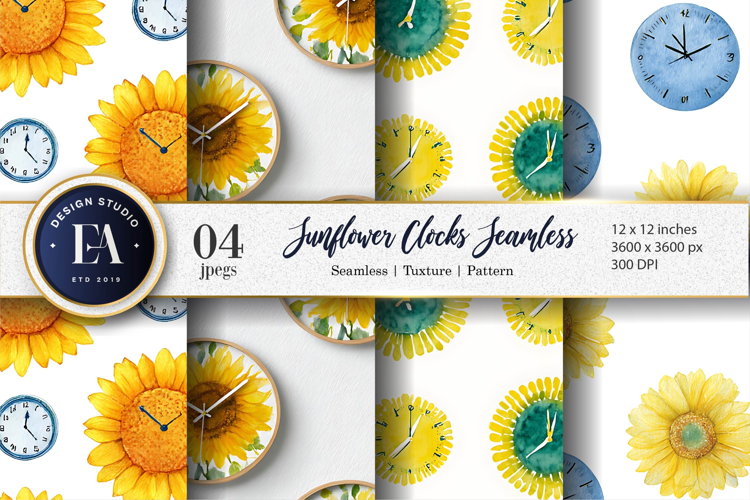 Watercolor Clocks Shaped as Sunflowers Digital Paper