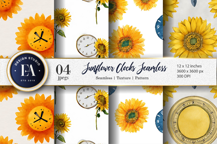 Playful Watercolor Sunflower Clocks Seamless Digital Paper