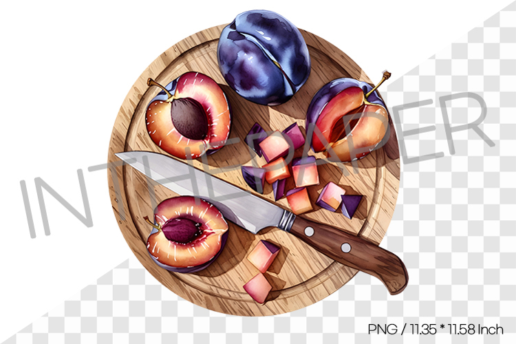 Chopped Plums on Wooden Cutting Board with Knife PNG Clipart